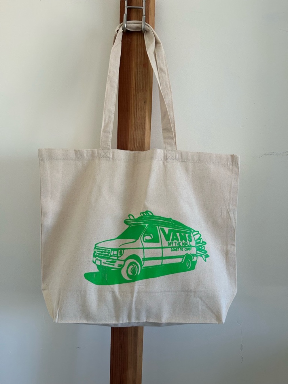 Vans Natural Canvas Tote with Bright Green Van Print